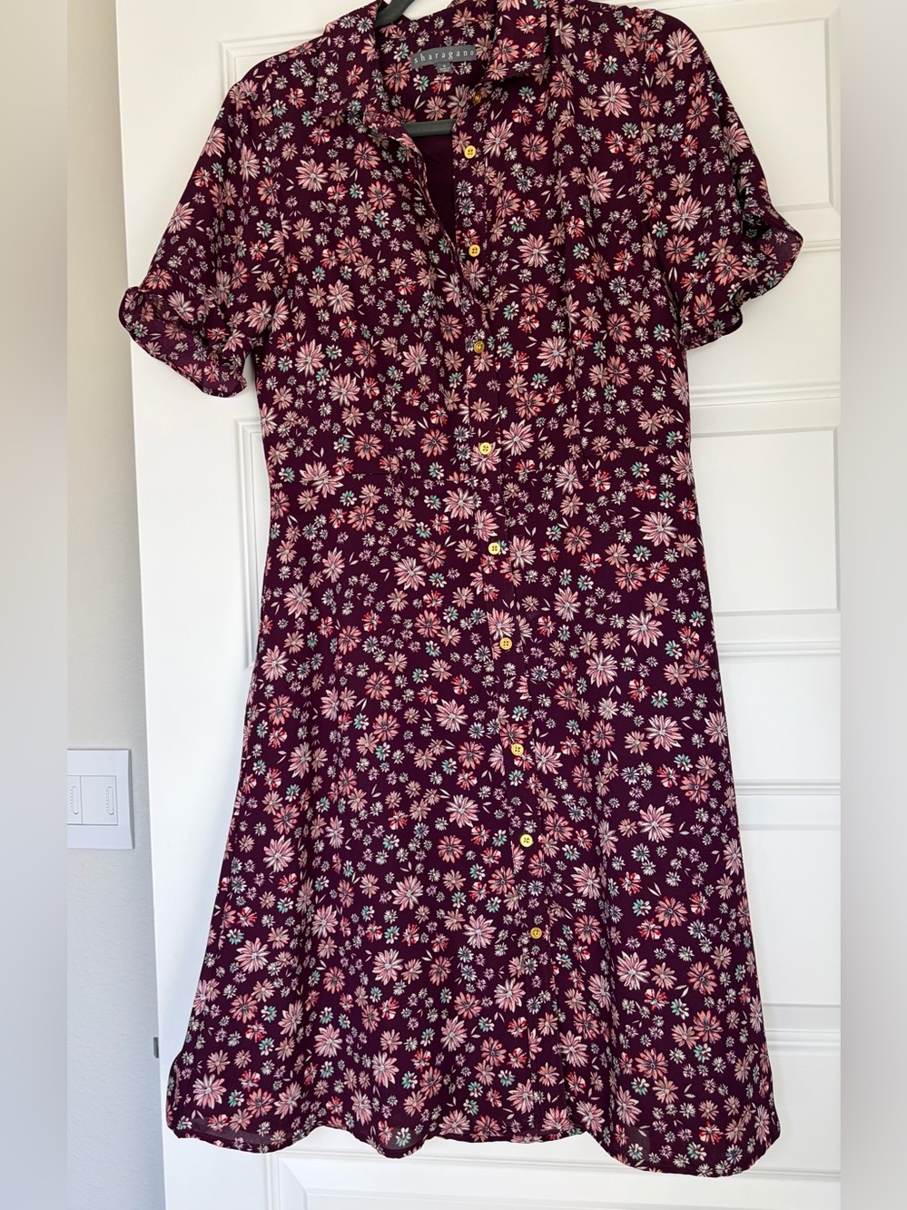 Sharagano Casual Floral Button-Front Dress  With Short Sleeves in Burgundy US8 - Picture 2 of 7